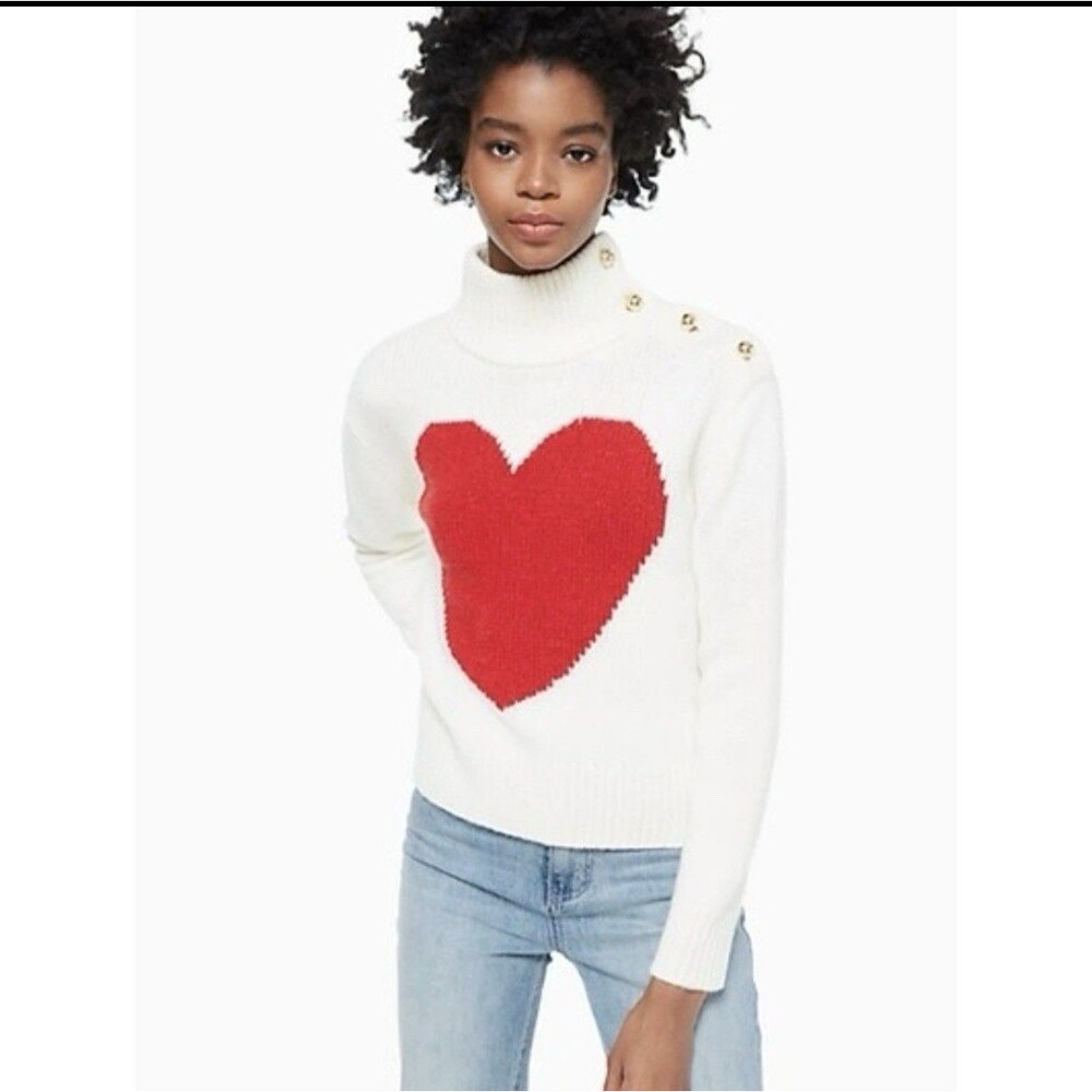 Kate Spade Broome Street Intarsia Heart Sweater Wool Blend XS Button Neck